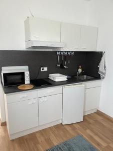 eine weiße Küche mit Spüle und Mikrowelle in der Unterkunft Wilhelmsthal in Wilhelmsthal