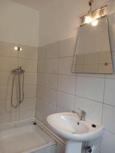 a bathroom with a sink and a mirror and a shower at Gutza Family in Cumpăna +19 photos