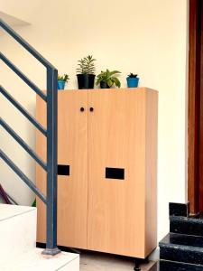 a wooden cabinet with potted plants on top of it at Meadows Homestay Elite in Madurai
