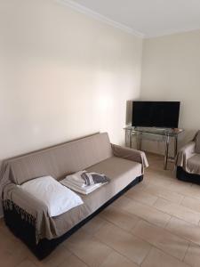 a living room with a couch and a television at Aphroditi Luxury Vila in Chrysi Ammoudia