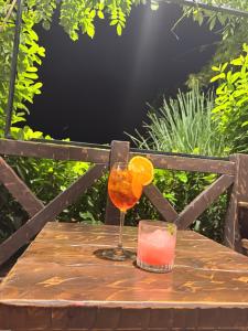 a table with a glass of orange juice and a drink at Villa Fundemia in Gorna Breznitsa