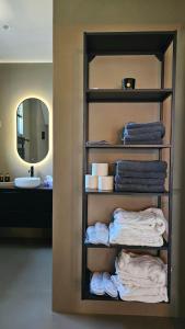 a bathroom with a shelf with towels and a sink at Guest Room Utrecht in Utrecht +49 photos