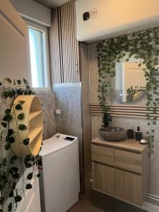 a bathroom with a washing machine and a mirror at Studio Aloe horizon in Dunkerque +6 photos