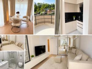 a collage of pictures of a living room and a kitchen at Lux Apartman Garden in Paša Bunar