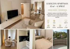 a collage of photos of a living room and a living room at Lux Apartman Garden in Paša Bunar