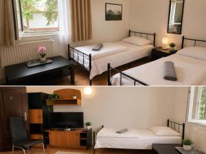 two pictures of a hotel room with two beds at Cabana Lir in Arad