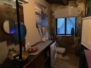 a bathroom with a sink and a toilet and a mirror at Villa LEA in Ratkovské Bystré +15 photos