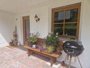 a patio with a table with plants and a grill at Alpinchalet Ortler in Solda