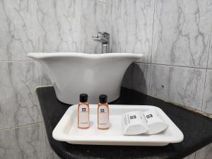 two bottles ofodorizers on a tray next to a sink at Hotel Housez 43 in Kolkata