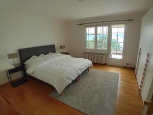 a bedroom with a large white bed and two windows at Lakefront Villa in Stäfa