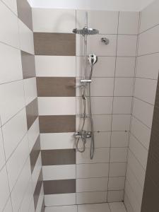 a shower in a bathroom with brown and white tiles at Aphroditi Luxury Vila in Chrysi Ammoudia +22 photos