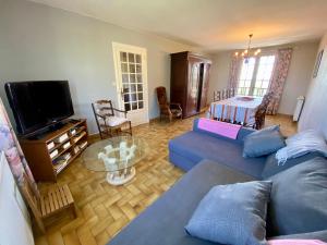 a living room with a blue couch and a tv at La Rousselie in Montagrier