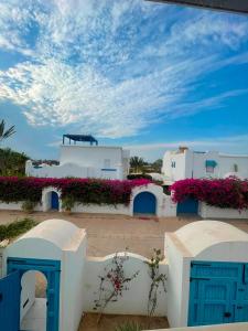 a group of white buildings with pink flowers on them at Dar ZYED in Houmt Souk