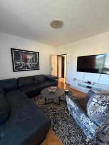 a living room with a black couch and a flat screen tv at Apartman Damir in Čeluga