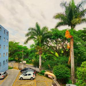 a parking lot with two palm trees and a car at AP 3 quartos -2min da ARENA MRV e Expominas- BH in Belo Horizonte