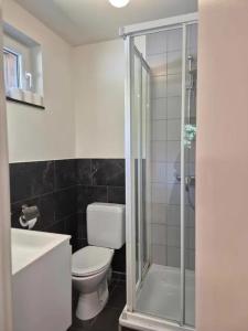 a bathroom with a toilet and a glass shower at Studio Le Vedeur in Durbuy +10 photos