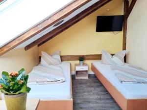 two beds in a room with a tv at Schullandheim Neukirch Lausitz in Meyershäuser