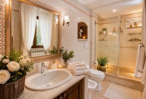 a bathroom with a sink and a toilet and a mirror at Maison Vico94 in Vico Equense +16 photos