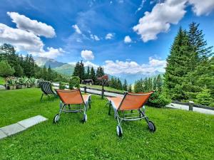 two chairs and a table in the grass at Apartment Naviser Hütte-2 by Interhome in Navis
