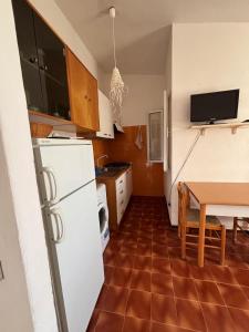 a kitchen with a white refrigerator and a table at Casa Pineta in Rena Majore