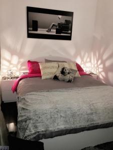 a bedroom with a bed with pink pillows and a mirror at Luxury penthouse with sea view in Makarska