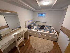 a bedroom with a bed and a desk and a mirror at LaSa Apartment 2 in Villingen-Schwenningen