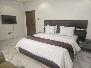 a bedroom with a large bed with a tv on the wall at Soilsmart Haven in Abuja