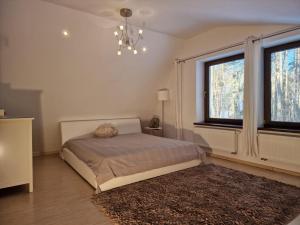 a bedroom with a bed and a chandelier and two windows at InOut Dom Olsztyn in Olsztyn