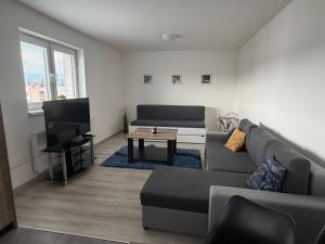 a living room with a couch and a tv at Hradňanka Food&Beer in Predmier