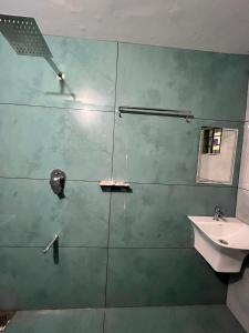a green bathroom with a sink and a shower at Coffee dale in Kalpetta