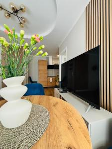 a living room with a table and a television at Sowia Przystań in Nowa Ruda