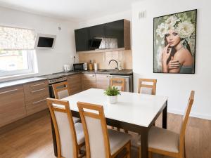 a kitchen and dining room with a table and chairs at Pokoje nad Welem Lidzbark in Lidzbark
