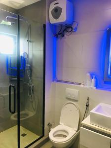 a bathroom with a shower and a toilet with a glass door at NewAge Smart 2 in Ikeja