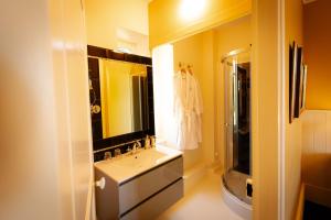 a bathroom with a sink and a mirror at Chambres d’hôtes La Joyeuse in Préveranges +37 photos