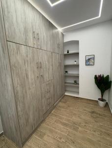 a room with wooden cabinets and a potted plant at Downtown ViAlla Studio in Chios