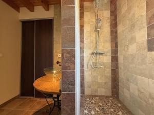 a bathroom with a shower with a table in it at Ticoulat in Monein +41 photos