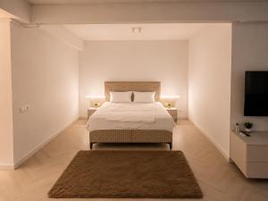 a bedroom with a bed and a flat screen tv at Cortina North Luxury Studio in Voluntari +1 photo