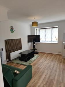 a living room with a green couch and a television at Chilux in Rainham