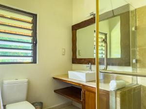 a bathroom with a sink and a mirror and a toilet at Beachfront Villa with Pool & Sunset Views in Rivière Noire +27 photos
