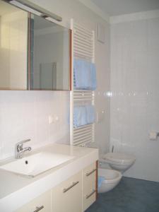 a bathroom with a sink and a toilet and a mirror at Apartments Tauberhof in Natz-Schabs