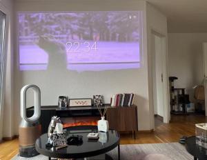 a living room with a cat on a projection screen at Ori's apartment in Frankfurt