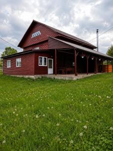 a house with a green field in front of it at Cabana Elena in Gârda de Sus