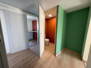 an empty room with a toilet and green walls at Maisonnette avec jardin privé in Secondigny