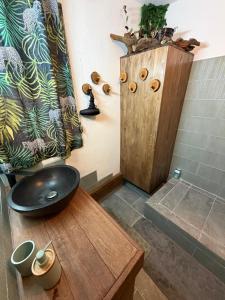 a bathroom with a wooden sink and a shower at Chambre d'hôtes Jungle Hostel in Le Morne Rouge