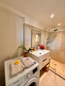 a washing machine in a bathroom with a sink at Orient Bay charming in Saint Martin