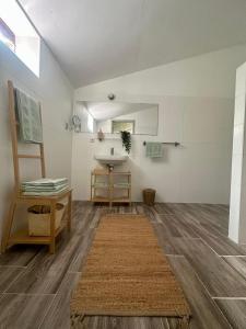 a bathroom with a sink and a mirror and a rug at Zen appartement in Vries