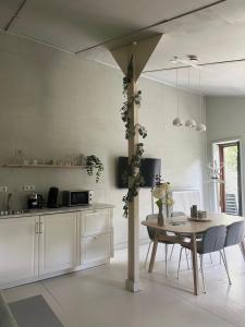 a kitchen with a table and a dining room at Zen appartement in Vries