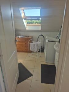 a bathroom with a sink and a skylight at Studio Cosy à la campagne, à 30 min des plages in Missillac