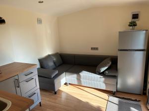a living room with a couch and a refrigerator at Vienmerjura in Benuži