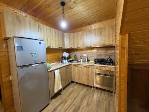 a kitchen with a stainless steel refrigerator and wooden cabinets at GomisMta-Luxury Cottage with Panor in Gomi